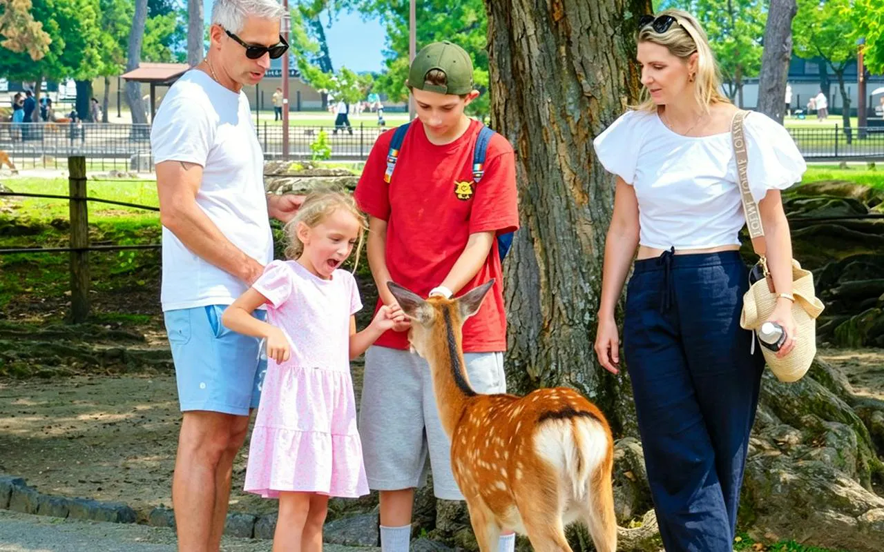 Family interacting with a deer in Nara Park during Kyoto and Nara driver-guided day trip.