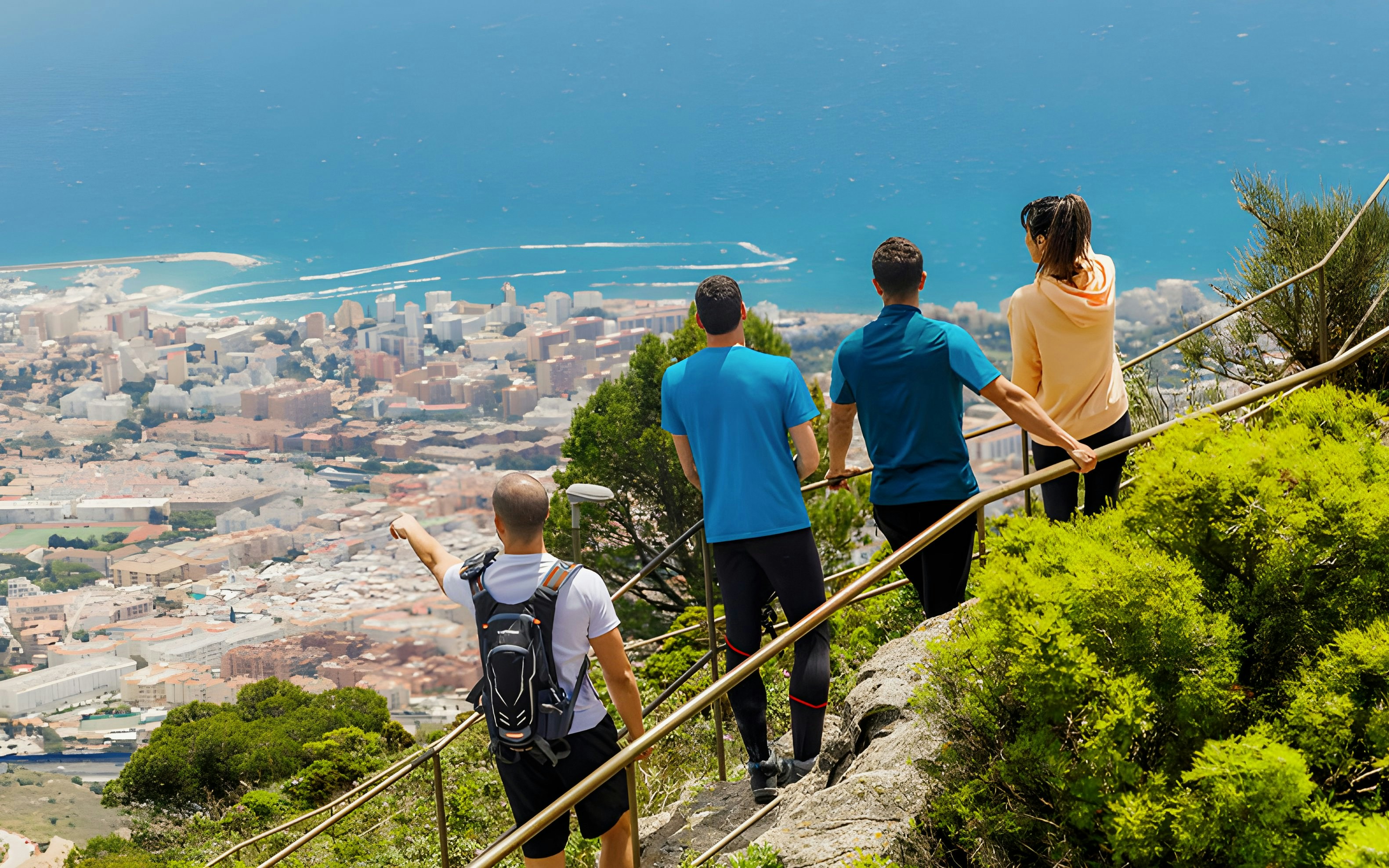 Hikers overlooking Benalmádena cityscape from a trail viewpoint.