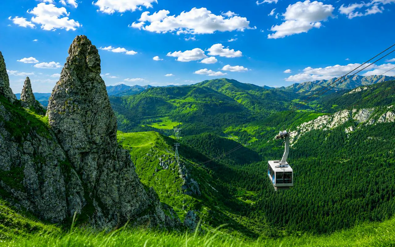 Cable car ascending Gubałówka with view of Zakopane's green mountains.