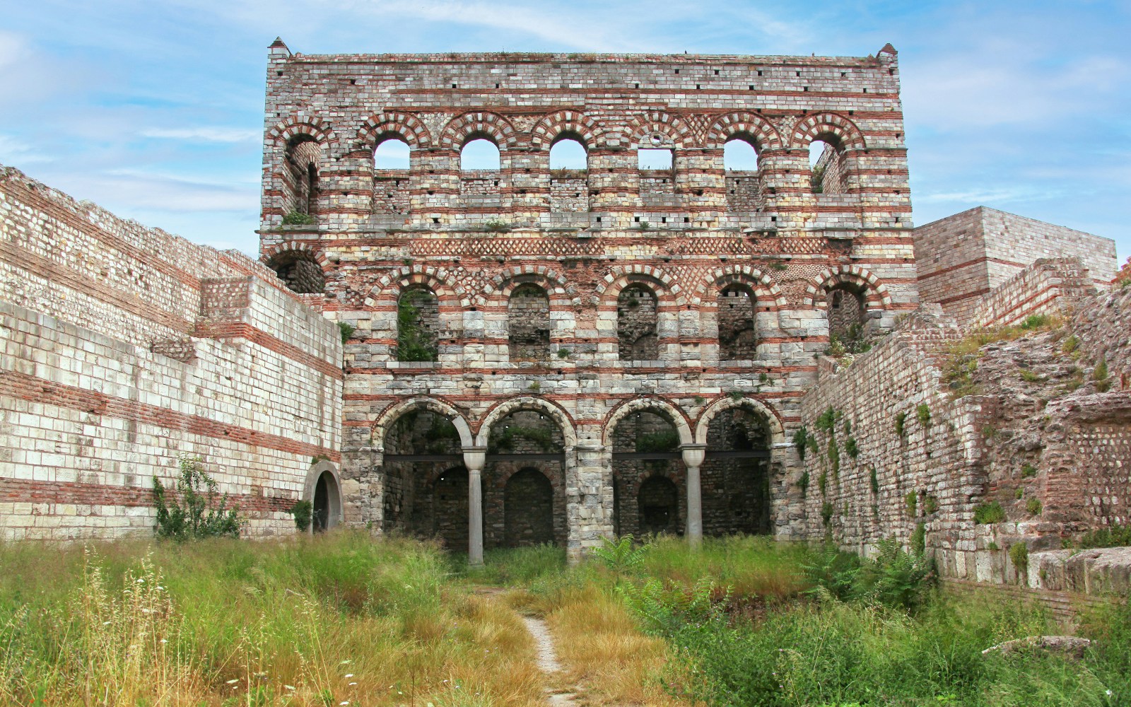 Tekfur Sarayi, Byzantine palace ruins with arched windows in Istanbul, Turkey.