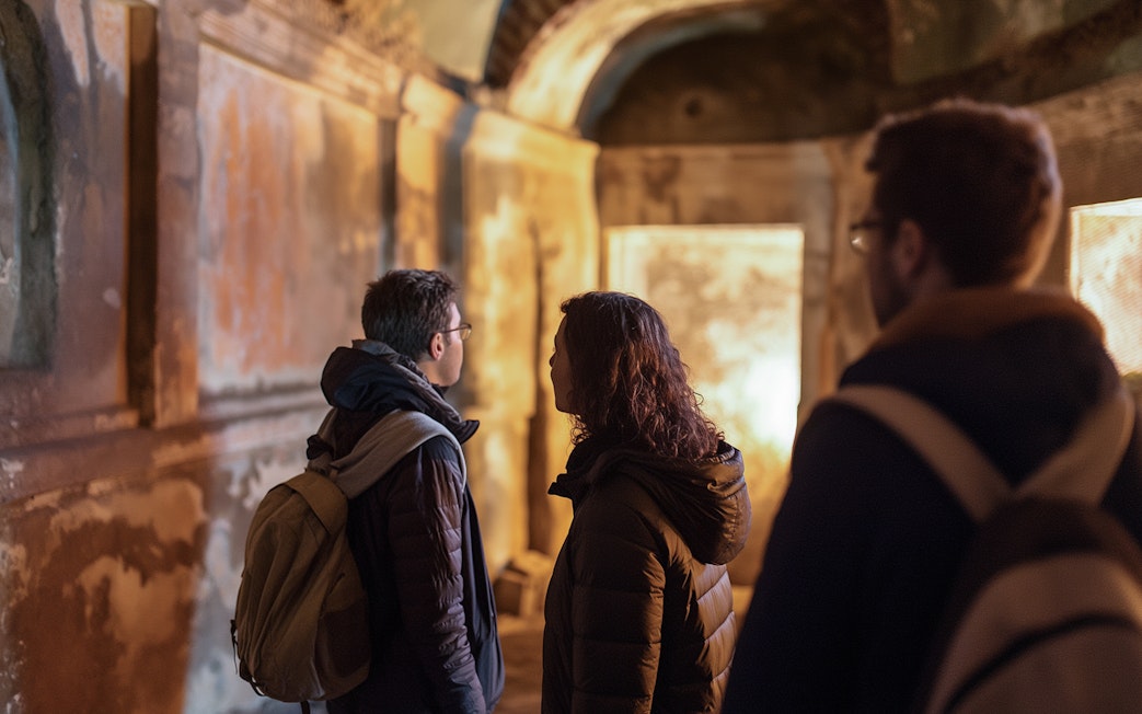 Visitors exploring ancient catacombs in Rome, part of the Jubilee Gold Pass tour.