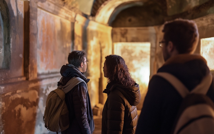 Visitors exploring ancient catacombs in Rome, part of the Jubilee Gold Pass tour.
