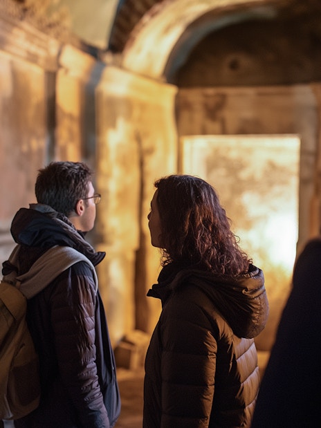Visitors exploring ancient catacombs in Rome, part of the Jubilee Gold Pass tour.