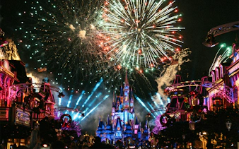 Fireworks over Cinderella Castle during Christmas at Walt Disney World Orlando.