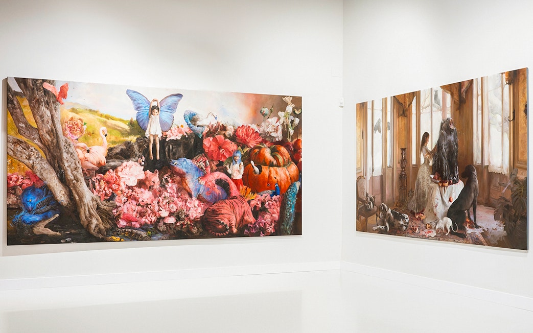 Visitors viewing Esplendor de la Noche artwork at Moco Museum, Barcelona.