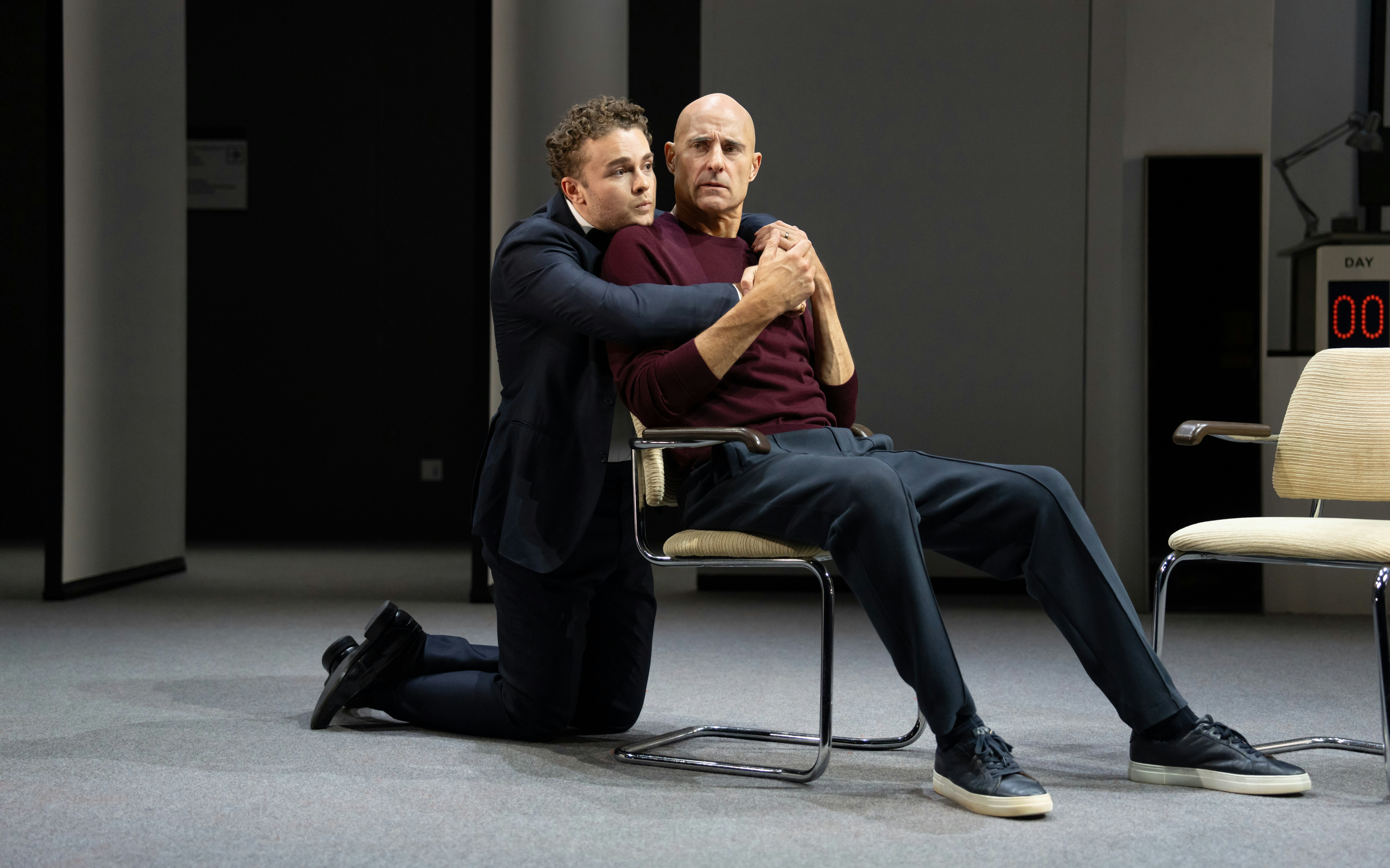 Actors in an intense scene during the Oedipus Broadway show performance.