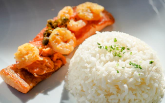 Grilled salmon with shrimp and rice served on Valle Nevado tour lunch, Santiago.
