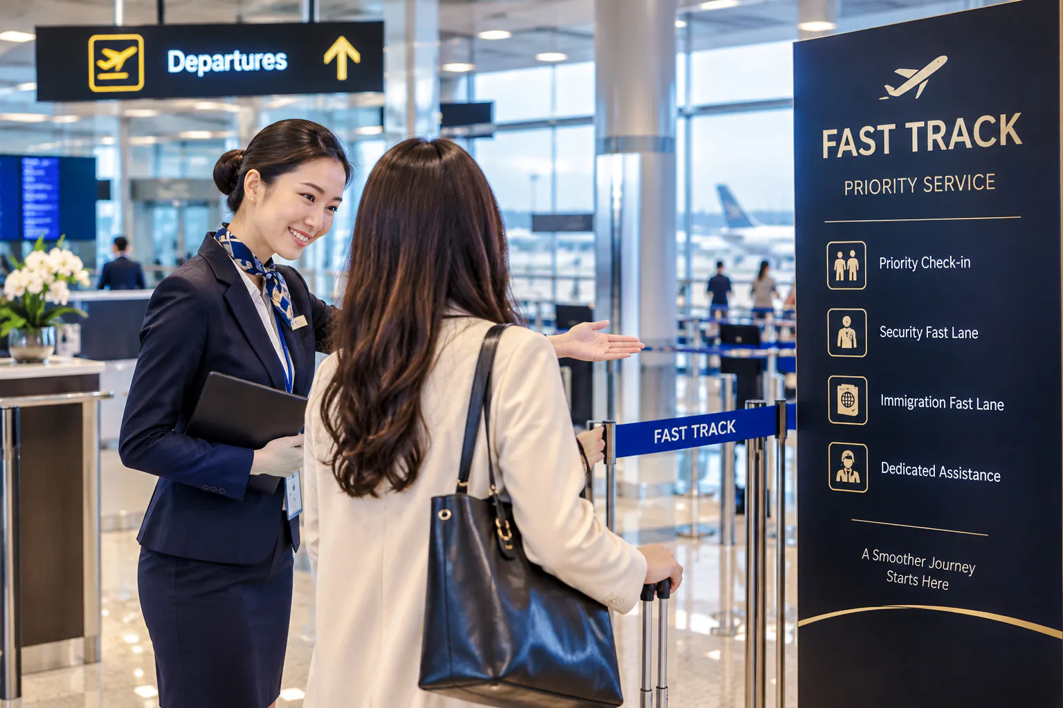 Fast track service at Noi Bai Airport with staff assisting passenger near priority check-in sign.