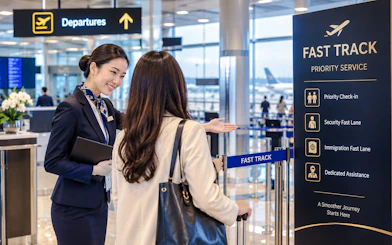 Fast track service at Noi Bai Airport with staff assisting passenger near priority check-in sign.