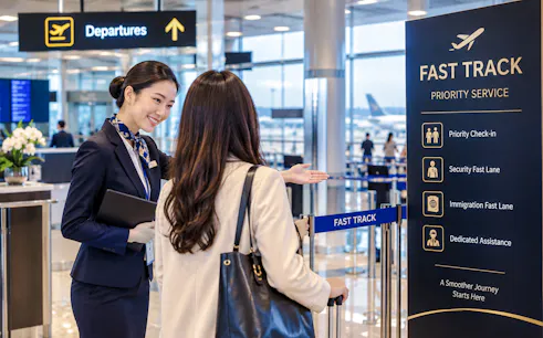 Fast track service at Noi Bai Airport with staff assisting passenger near priority check-in sign.