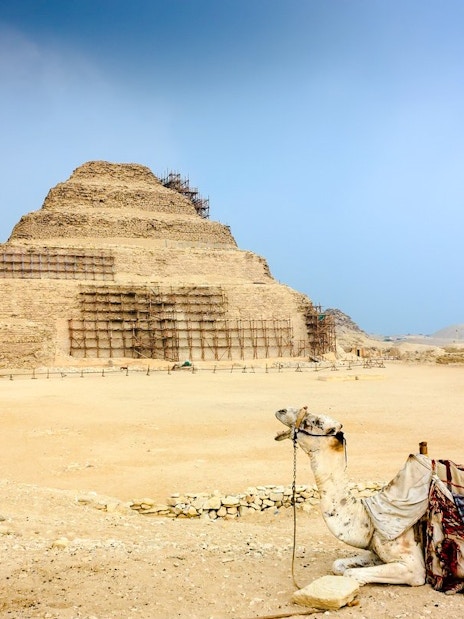 Step Pyramid of Djoser at Giza Complex with a resting camel in the foreground.