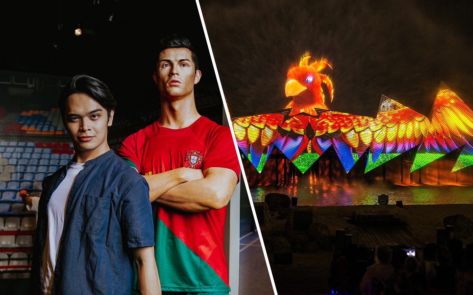 Person with Cristiano Ronaldo wax figure at Madame Tussauds Singapore.