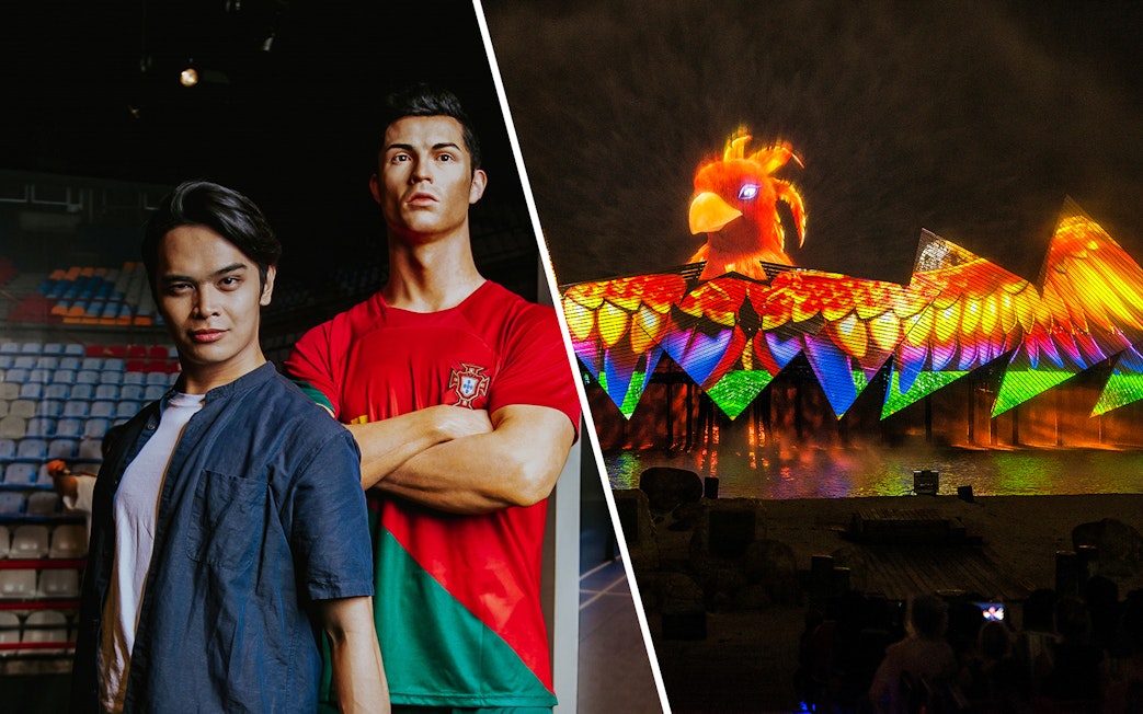 Person with Cristiano Ronaldo wax figure at Madame Tussauds Singapore.