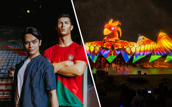 Person with Cristiano Ronaldo wax figure at Madame Tussauds Singapore.