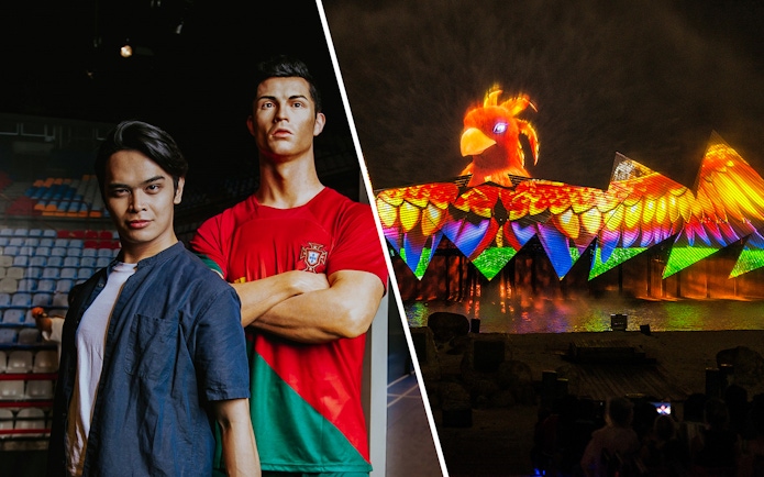 Person with Cristiano Ronaldo wax figure at Madame Tussauds Singapore.