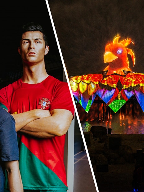 Person with Cristiano Ronaldo wax figure at Madame Tussauds Singapore.