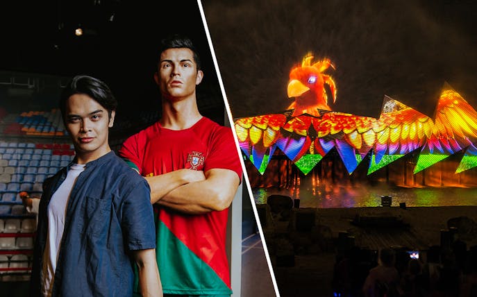 Person with Cristiano Ronaldo wax figure at Madame Tussauds Singapore.
