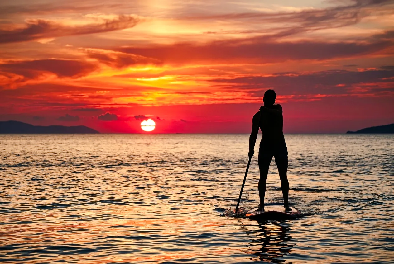 Person paddleboarding at sunrise in Rio de Janeiro.