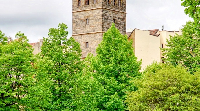 New Mill Water Tower in Prague surrounded by lush green trees.