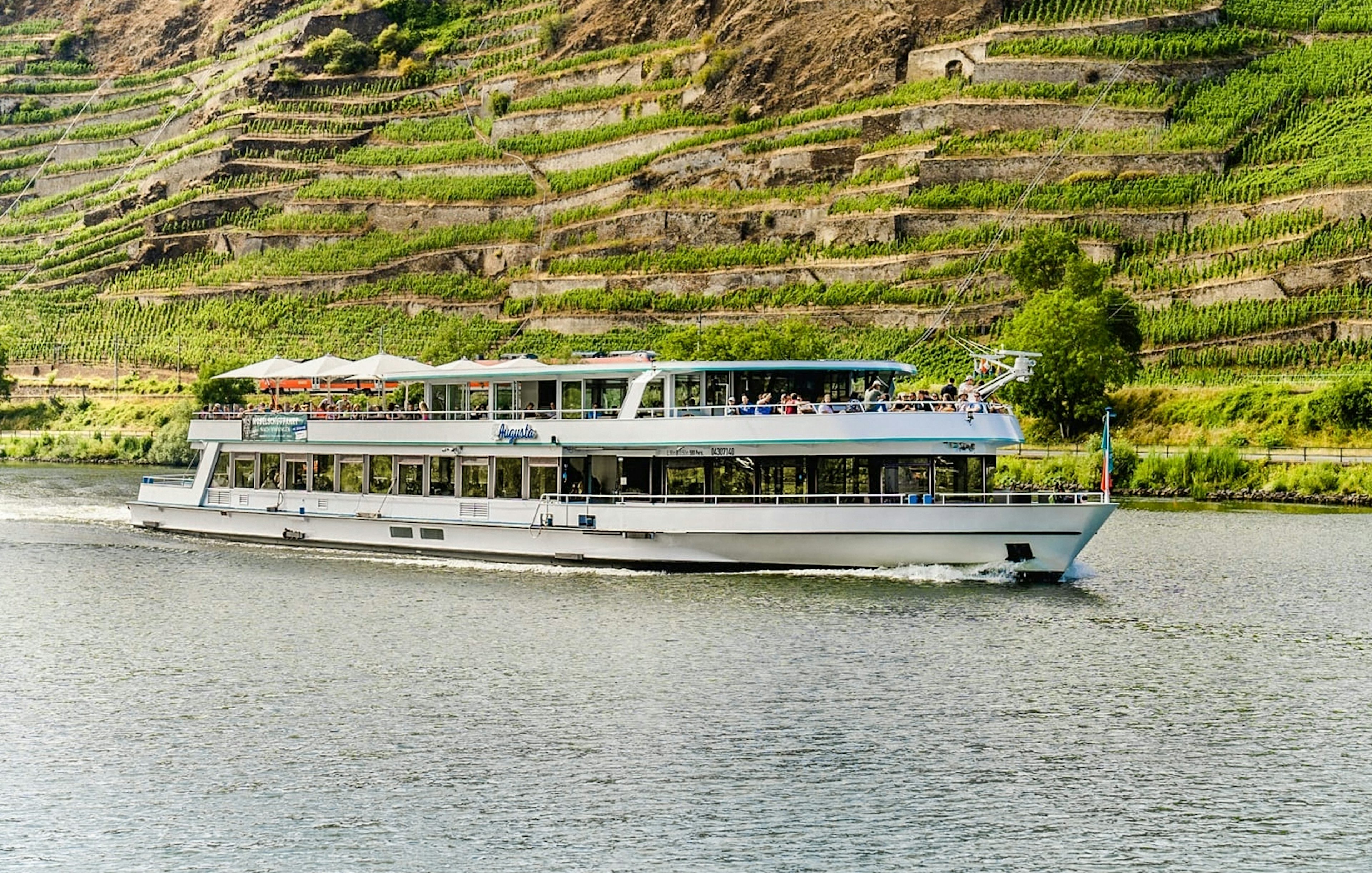River cruise boat on the Moselle with vineyard terraces in the background near Koblenz.
