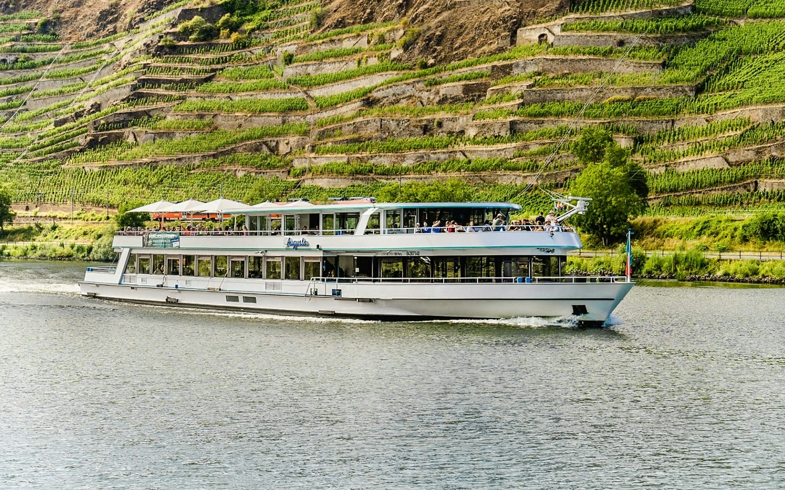 River cruise boat on the Moselle with vineyard terraces in the background near Koblenz.