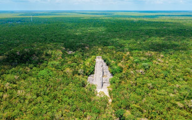 Aerial view of Coba pyramid surrounded by dense jungle in Mexico.