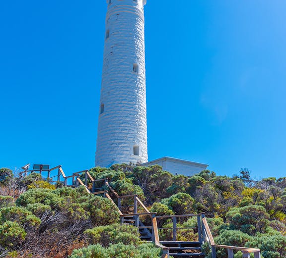 Margaret River Lighthouse with surrounding greenery and wooden walkway.