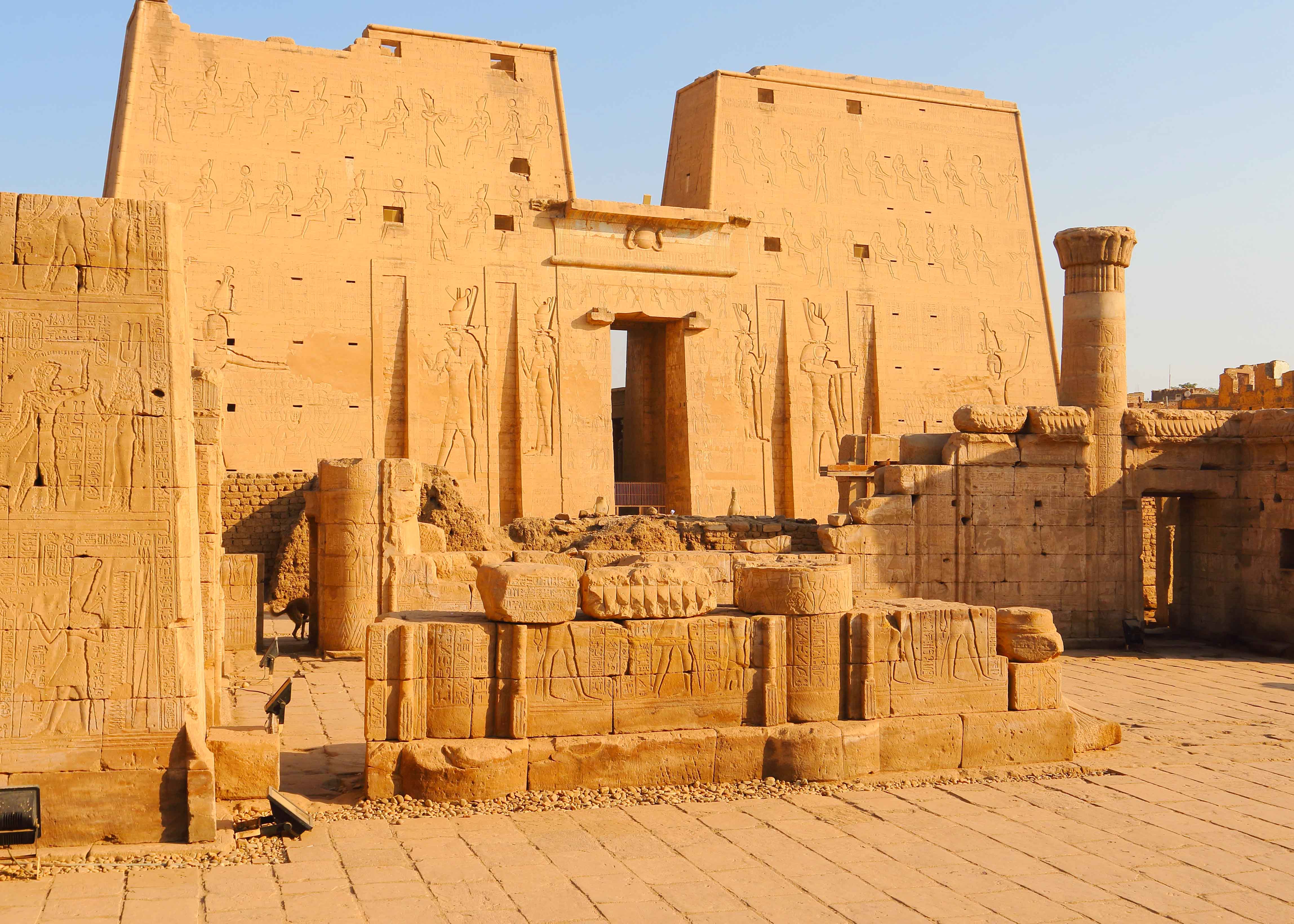 Ancient Egyptian temple ruins with hieroglyphics in Valley Temples, Egypt.