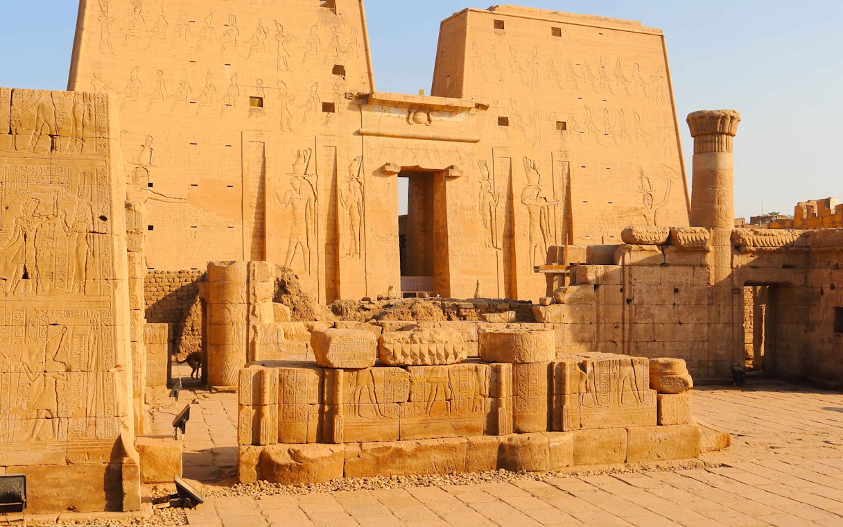 Ancient Egyptian temple ruins with hieroglyphics in Valley Temples, Egypt.