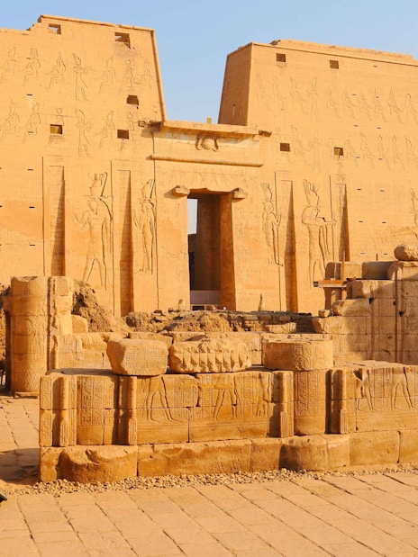 Ancient Egyptian temple ruins with hieroglyphics in Valley Temples, Egypt.