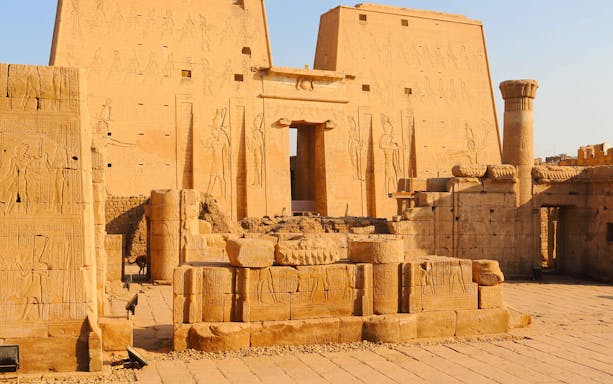 Ancient Egyptian temple ruins with hieroglyphics in Valley Temples, Egypt.