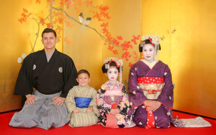 Family in traditional attire at Maiko Makeover & Photoshoot, Kyoto.