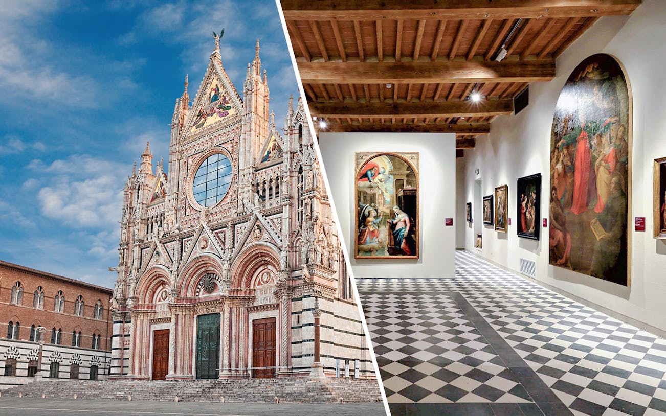 Siena Cathedral facade and interior of Museum of San Pietro with artwork.