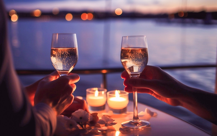 Two people toasting with wine glasses on a candlelit cruise at sunset.