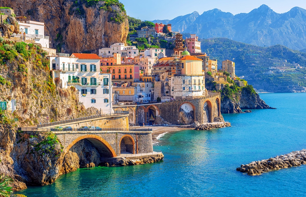 Cliffside village with colorful buildings along the Amalfi Coast, Italy.
