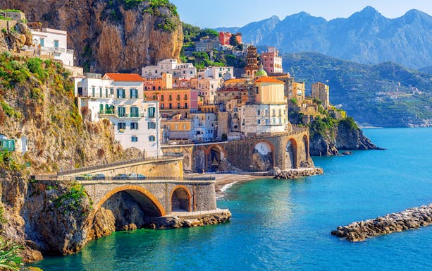 Cliffside village with colorful buildings along the Amalfi Coast, Italy.