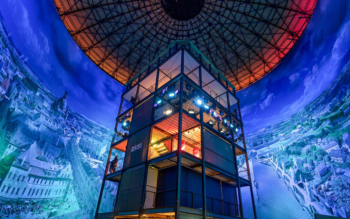 Panometer Dresden interior with panoramic cityscape display.