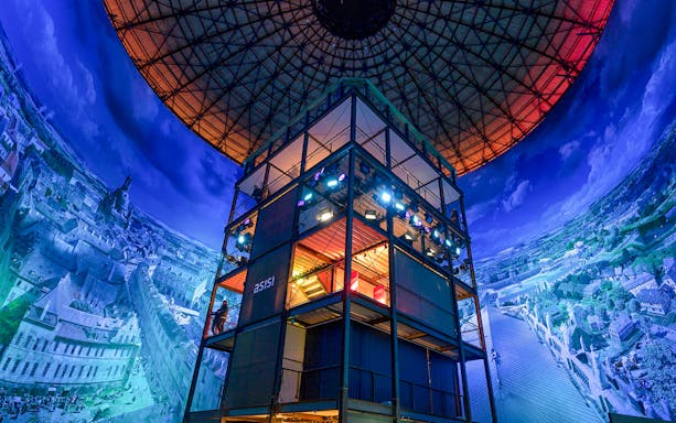 Panometer Dresden interior with panoramic cityscape display.