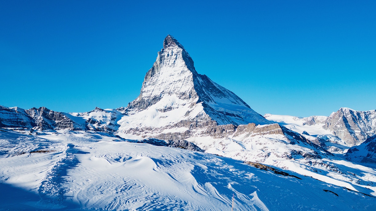 Matterhorn peak with snow-covered landscape at Glacier Paradise in April.