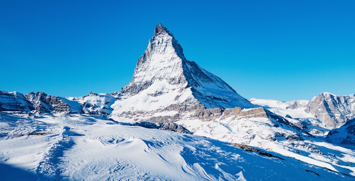 Matterhorn peak with snow-covered landscape at Glacier Paradise in April.