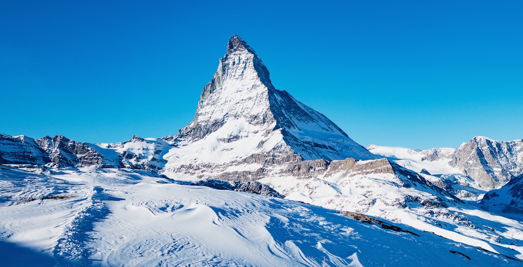 Matterhorn peak with snow-covered landscape at Glacier Paradise in April.