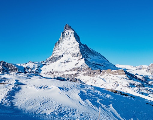 Matterhorn peak with snow-covered landscape at Glacier Paradise in April.