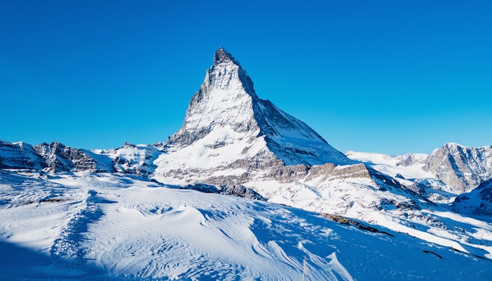 Matterhorn peak with snow-covered landscape at Glacier Paradise in April.