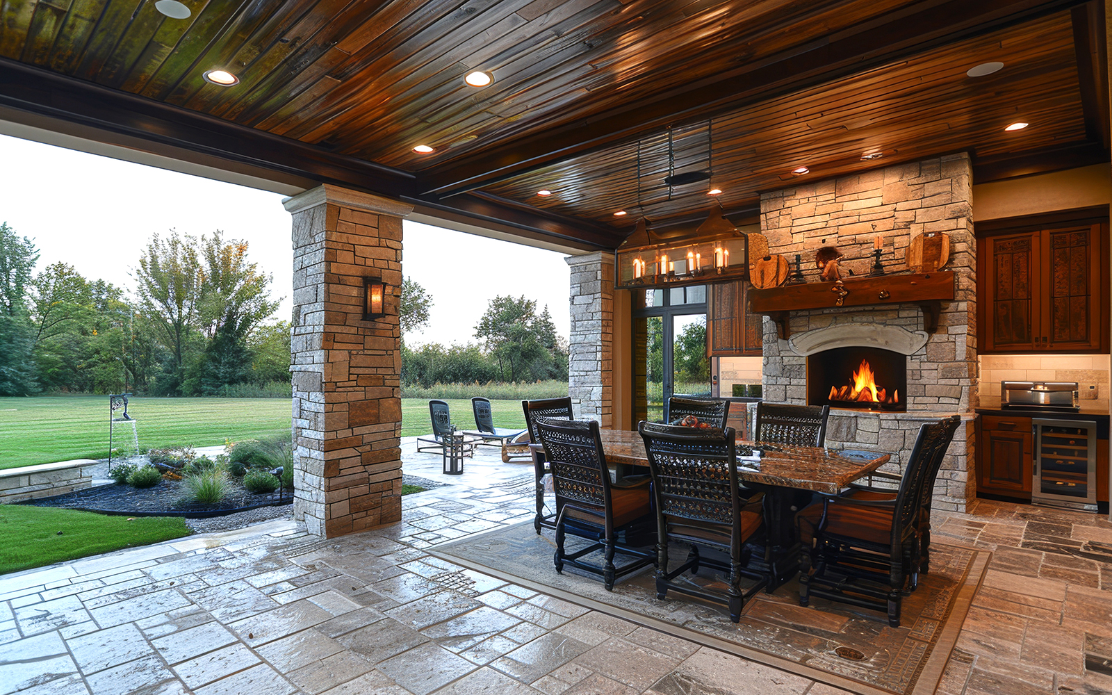 Outdoor covered patio with stone fireplace, dining table, chairs, built-in kitchen, tiled floor, green grass, skylights