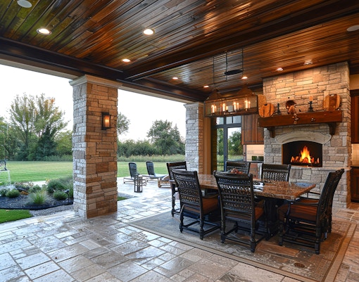 Outdoor covered patio with stone fireplace, dining table, chairs, built-in kitchen, tiled floor, green grass, skylights