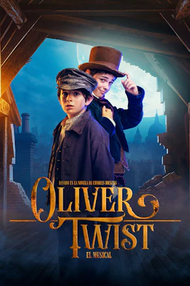 Two boys in period costumes for Oliver Twist El Musical with a cityscape backdrop.