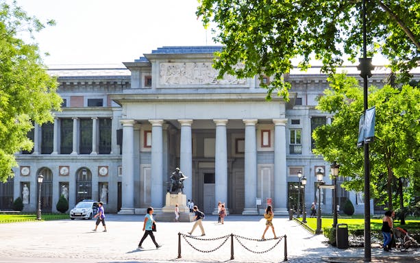 Prado Museum entrance with visitors, Madrid, Spain.