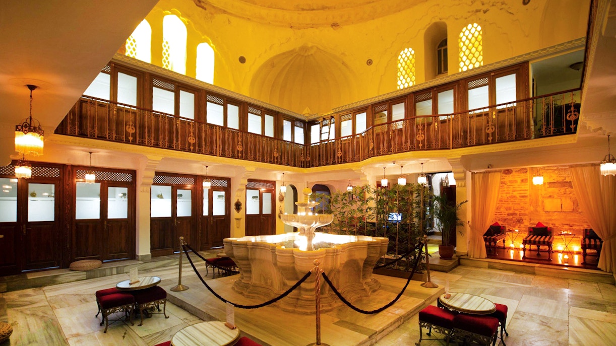 Cagaloglu Hammam interior with traditional marble basin in Istanbul.