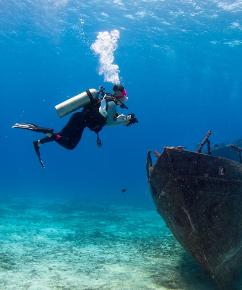 Scuba diver exploring shipwreck at Blue Planet Aquarium.