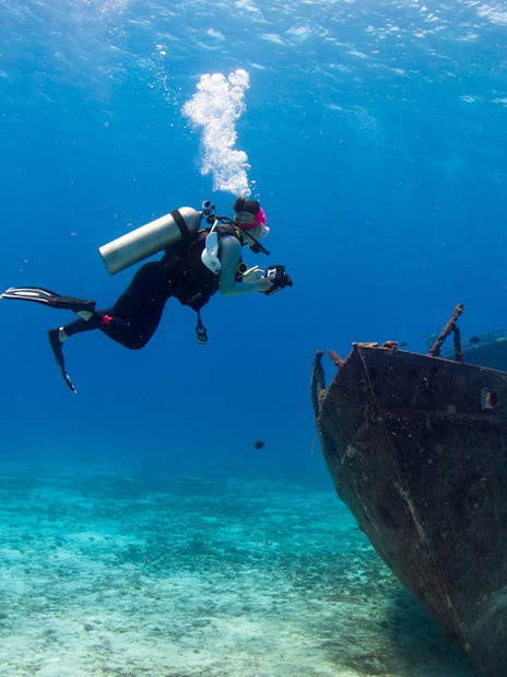 Scuba diver exploring shipwreck at Blue Planet Aquarium.